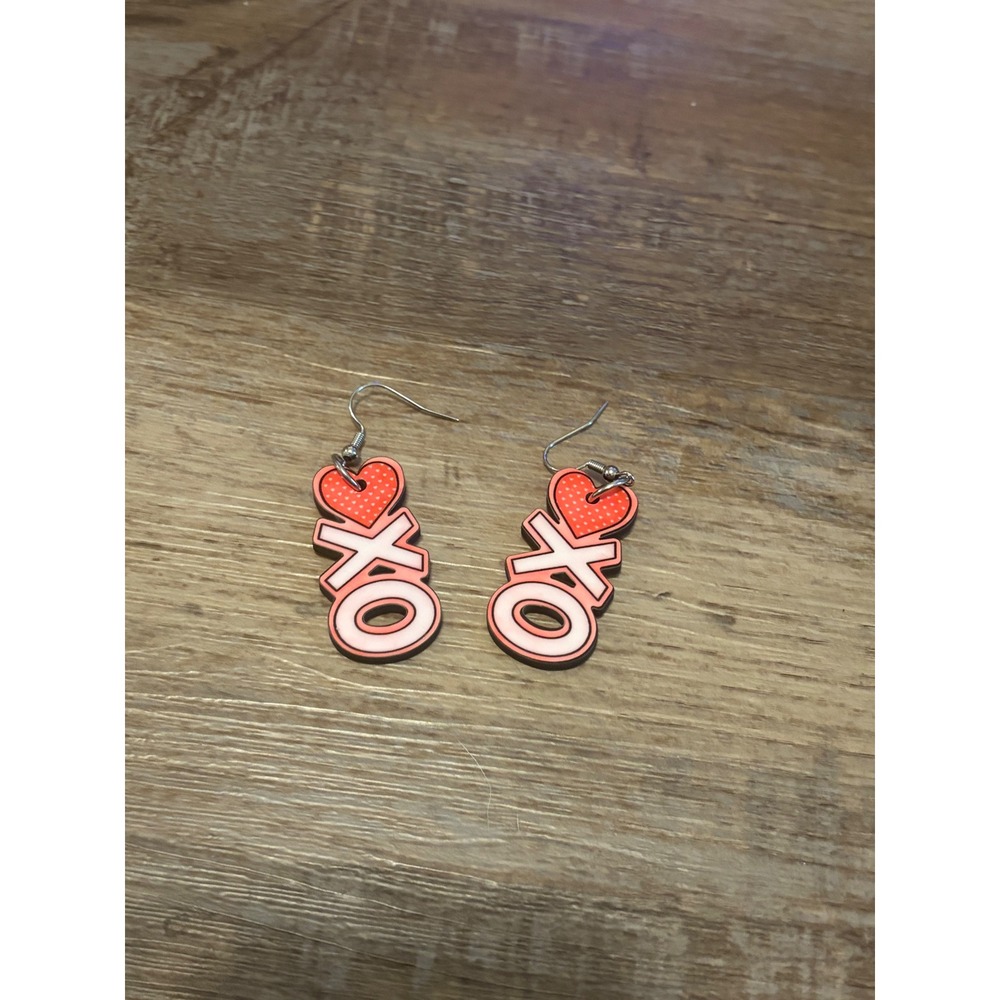Handmade XO Heart Wooden Dangle Earrings Valentine Red Pink Polka Dot Jewelry